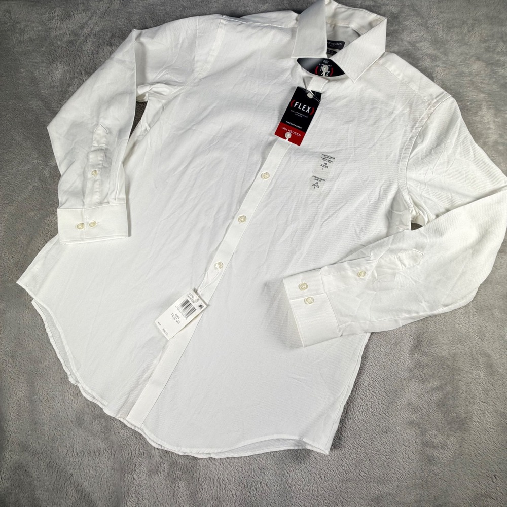Van Heusen Flex Slim Fit White Pincord Dress Shirt Stretch Collar 16 32/33 L